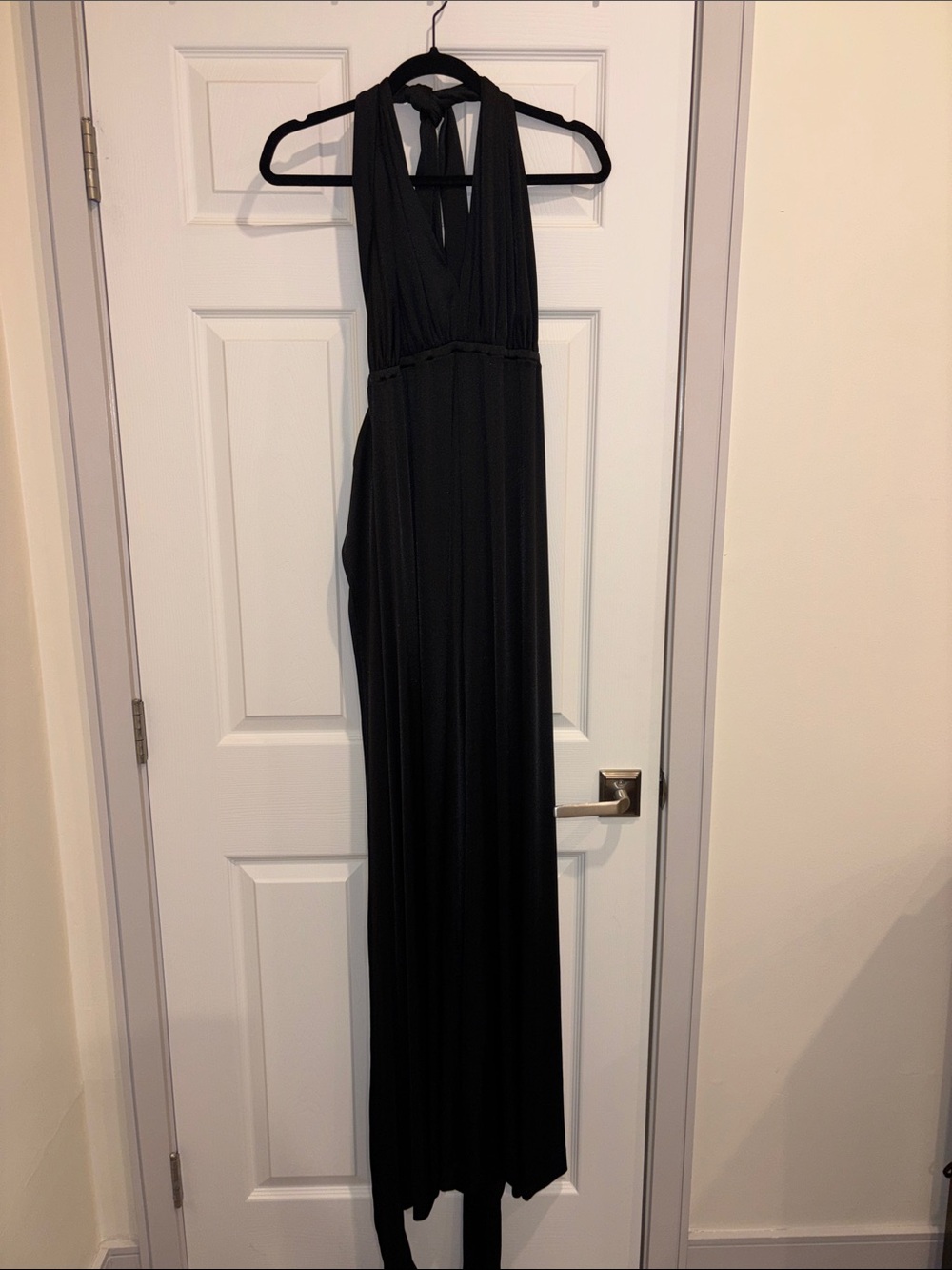 Halston Heritage Black Plunge Halter Maxi Gown with Tie Waist